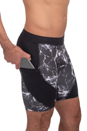 side view of black thunder men's compression pants with phone pocket