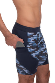 side view of blue camo shorts for men with phone pocket