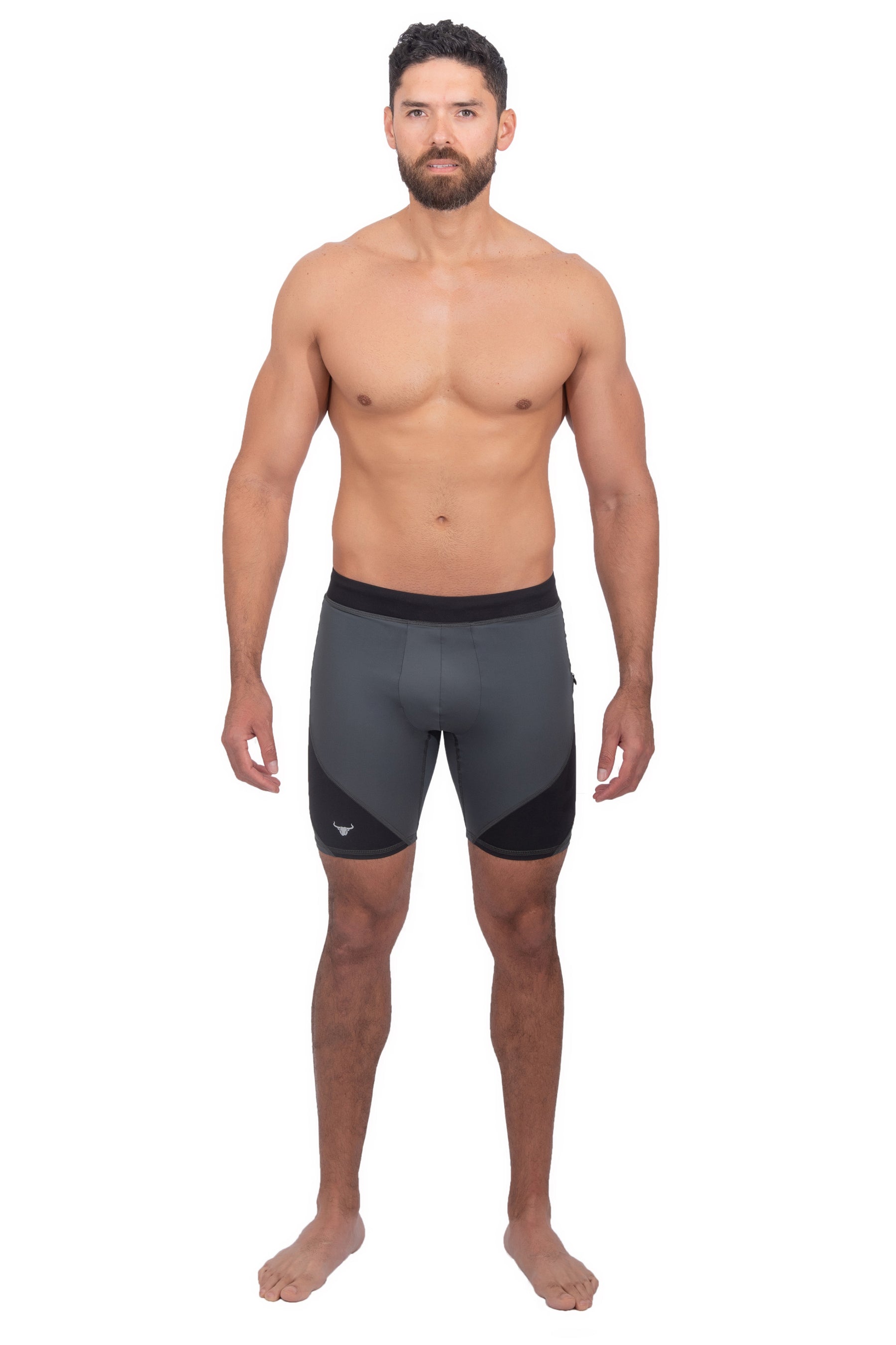 male model wearing gray and black short tights