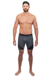 male model wearing gray and black short tights