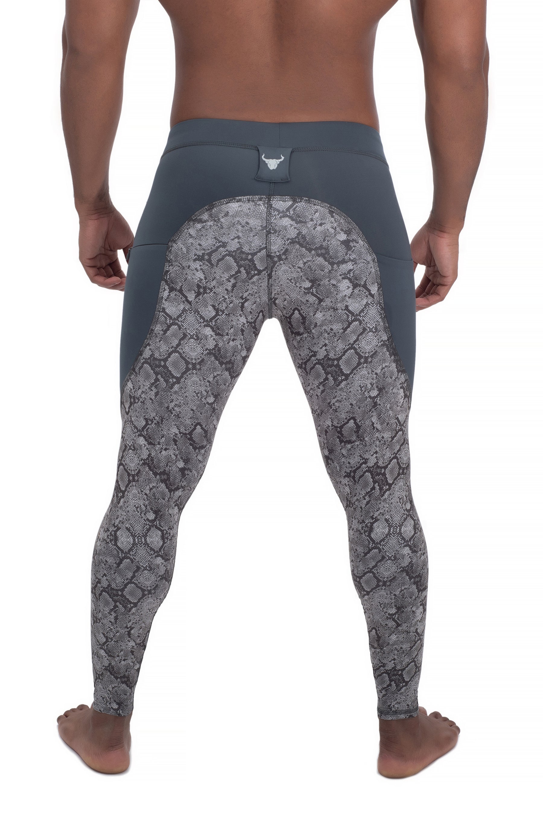 back side of gray snake skin full-length men's compression tights