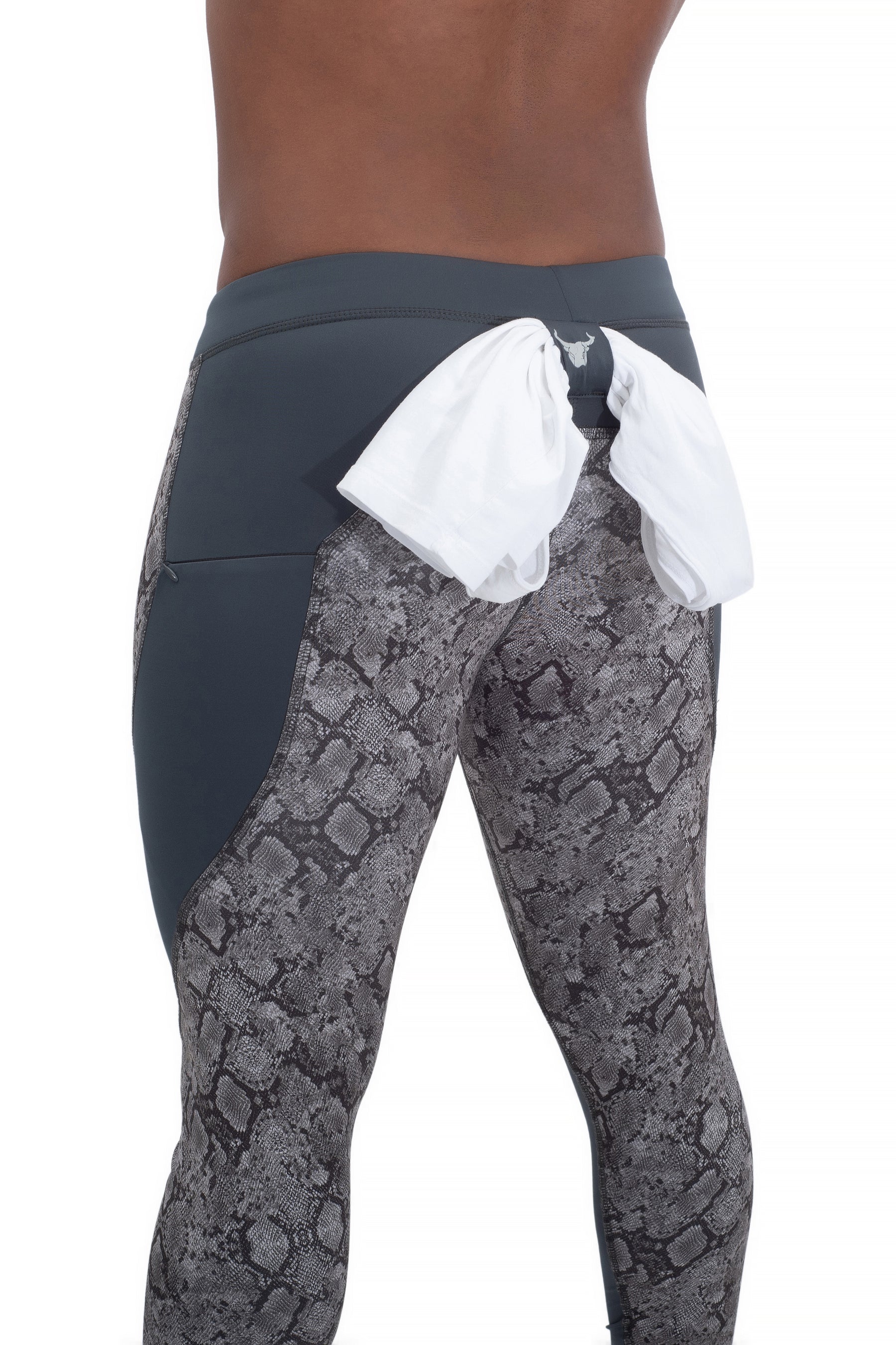 gray snake skin full-length men's compression tights with t-shirt loop