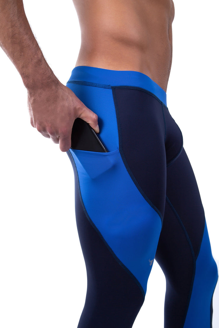 Navy blue tights for men with blue panels and side phone pocket.