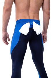 Men's navy blue tights with bright blue side panels and towel holder at the back.