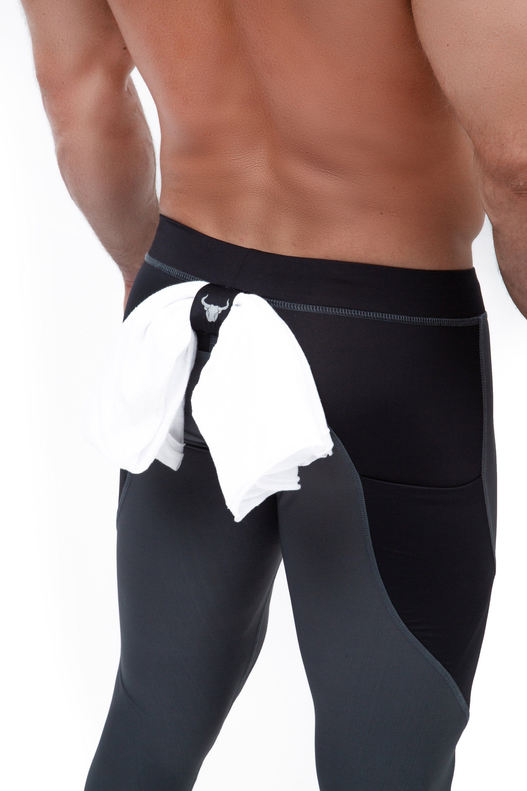 gray and black dual color men's leggings with t-shirt loop