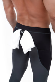 gray and black dual color men's leggings with t-shirt loop
