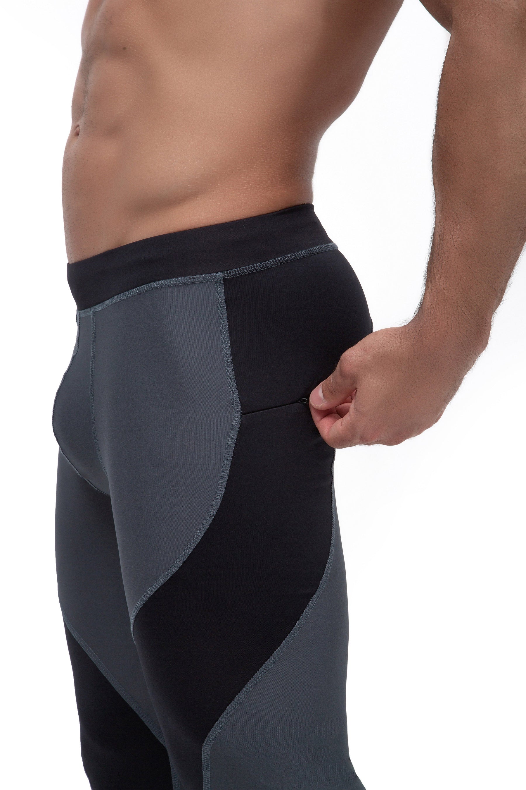 gray and black dual color meggings with zip pockets