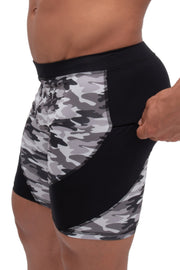 side of gray camo spandex shorts with secure zip phone pocket