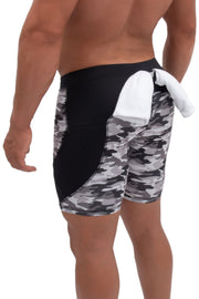 back side of gray camo compression shorts for men with towel loop