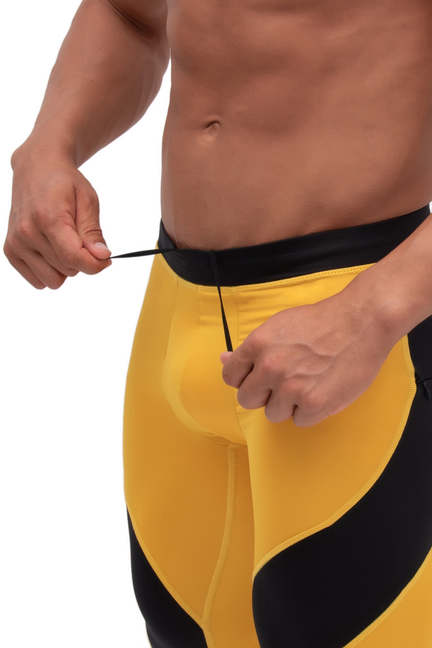 yellow and black dual color performance workout pants with adjustable drawstring