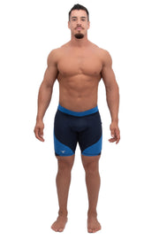 man wearing two color navy blue men's compression shorts
