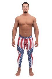 mens leggings | male model wearing red white and blue leggings