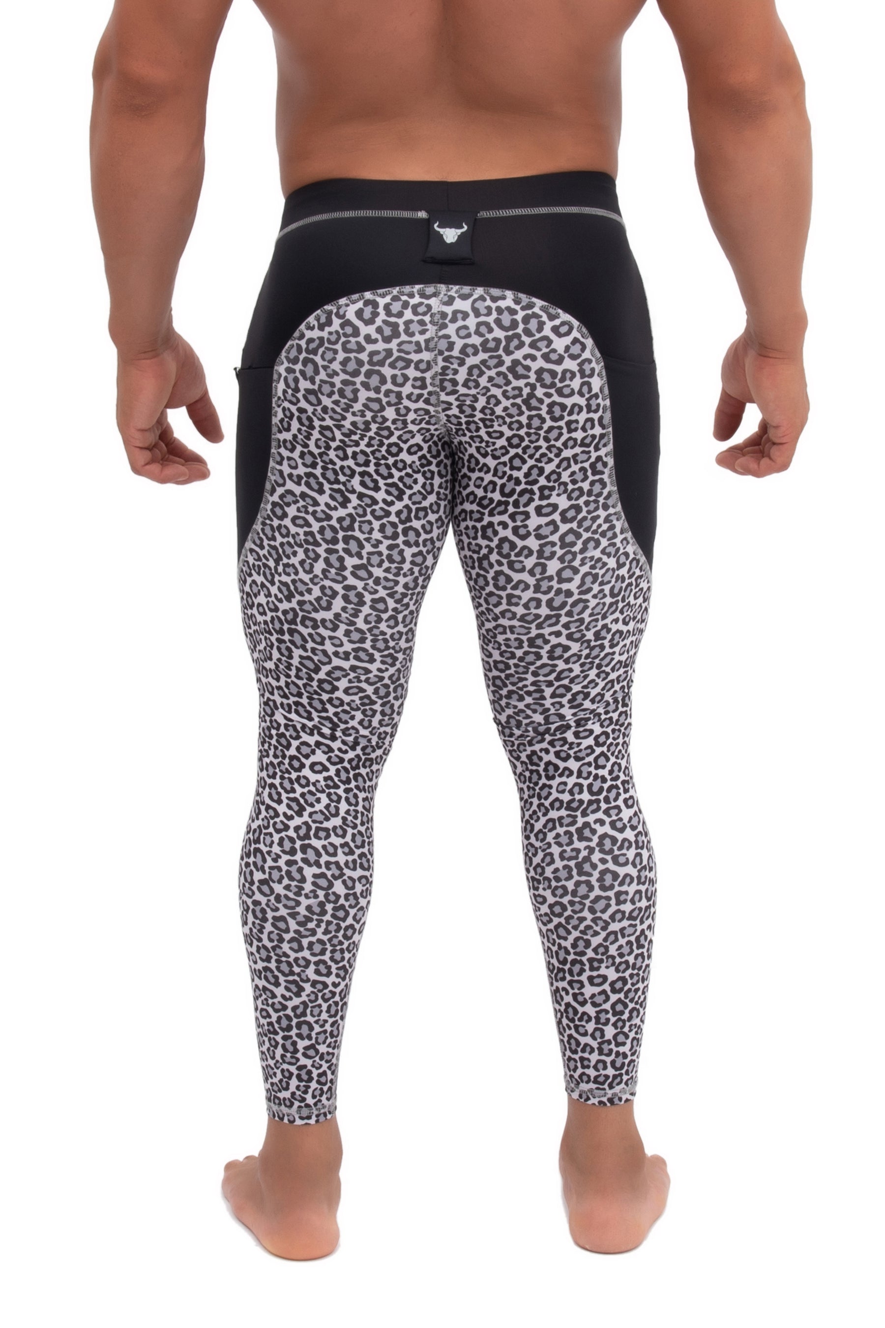 back side of men's snow leopard animal print leggings with towel loop