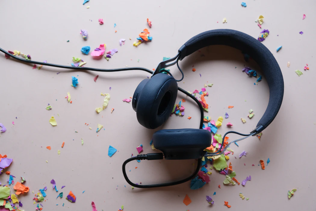 Photograph of a headset with confetti.