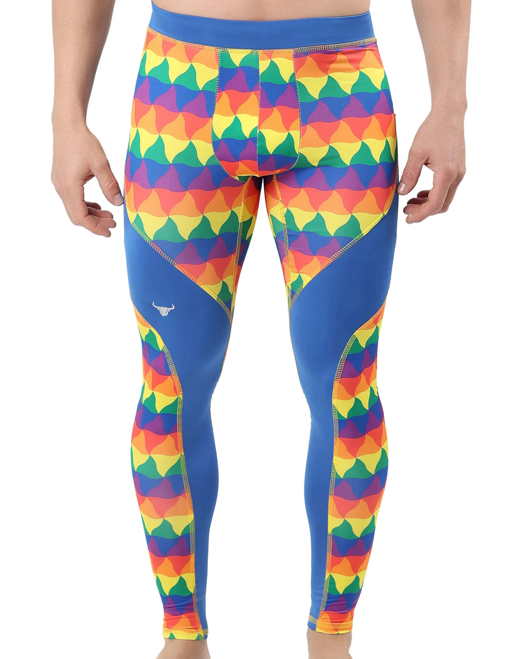 Mens gym leggings showcase a bold rainbow geometric pattern with bright blue panels, offering four-way stretch, sweat-wicking performance, and a secure fit.