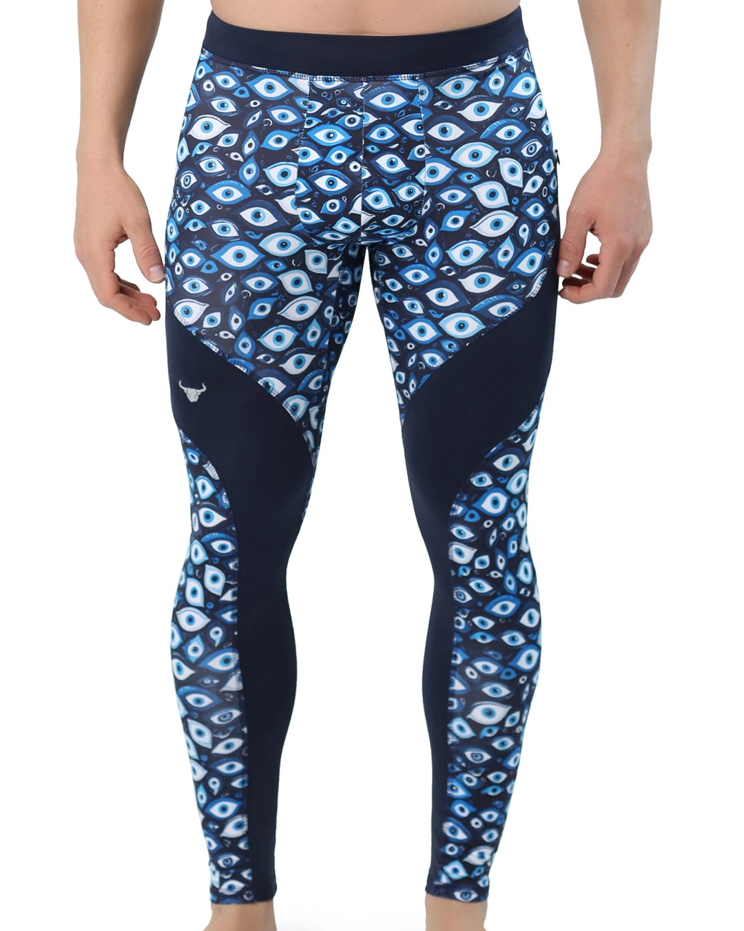 Men's running leggings featuring an all-over blue evil eye pattern with solid navy contour panels, offering compression support and bold style for athletic performance.