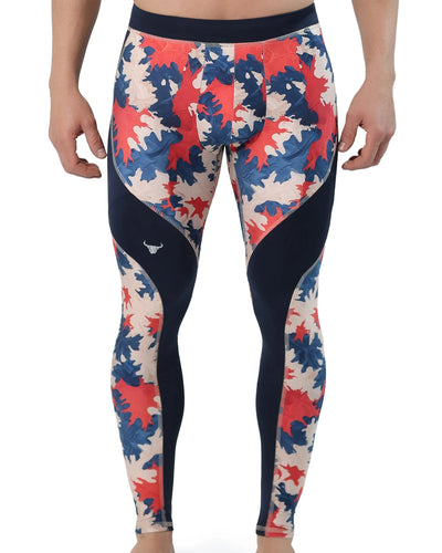 Patriotic camo leggings for men featuring red, white, and blue camouflage design with navy blue side panels.