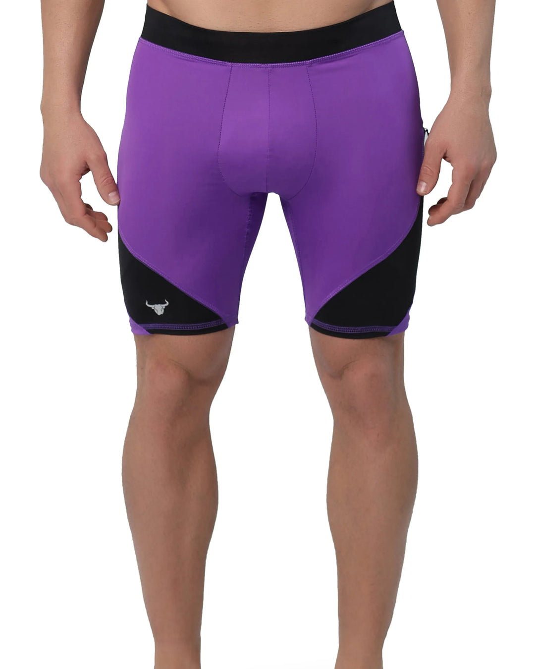 Men's compression running shorts in purple with black side panels and front-facing view.
