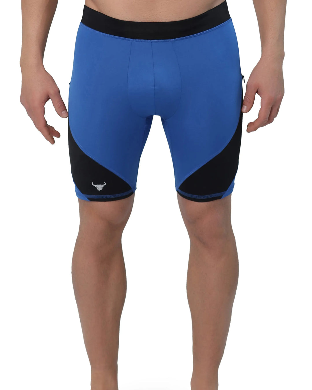 Men's workout compression shorts in blue and black, cropped front view showing fit.