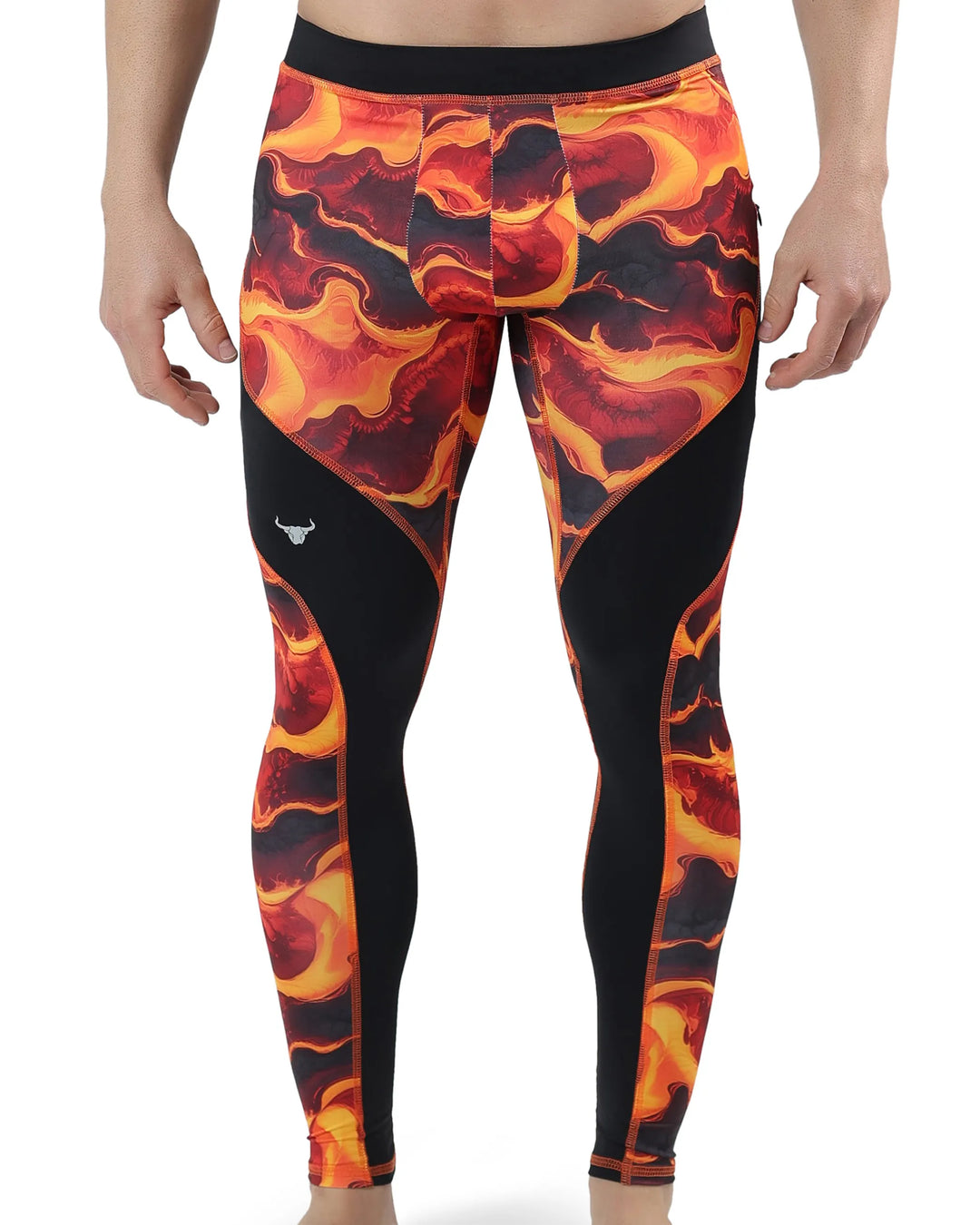 Lava Men's Leggings with fiery red, orange, and yellow molten pattern and black contour panels for a bold athletic look.