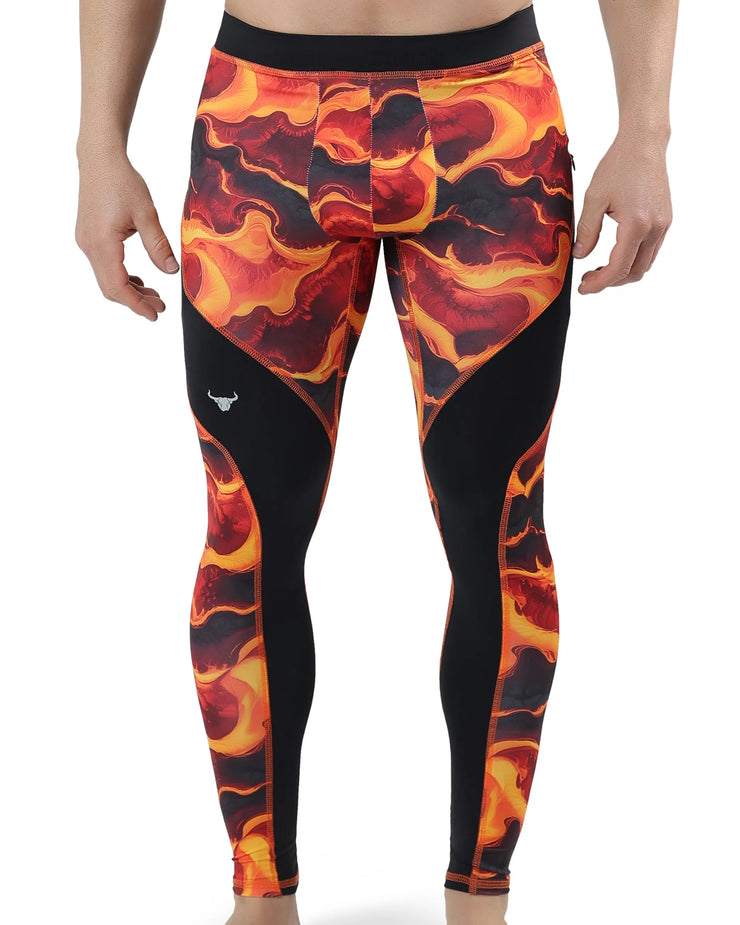 Lava Men's Leggings with fiery red, orange, and yellow molten pattern and black contour panels for a bold athletic look.