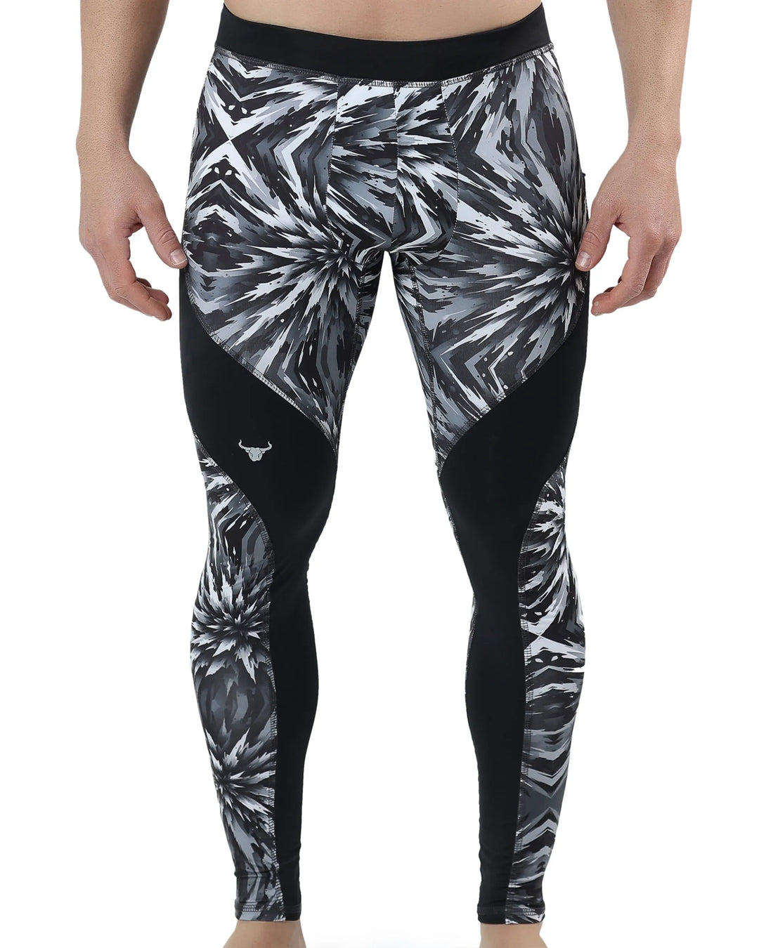 Compression leggings for men with a black and white abstract burst pattern, featuring contrast side panels and a fitted design for athletic performance and support.
