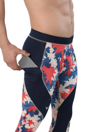 Patriotic camo leggings for men with side pocket feature, showcasing red, white, and blue camouflage design.
