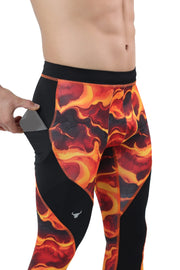 Lava Men's Leggings with bold fiery print and side pocket for convenient storage during workouts or casual wear.