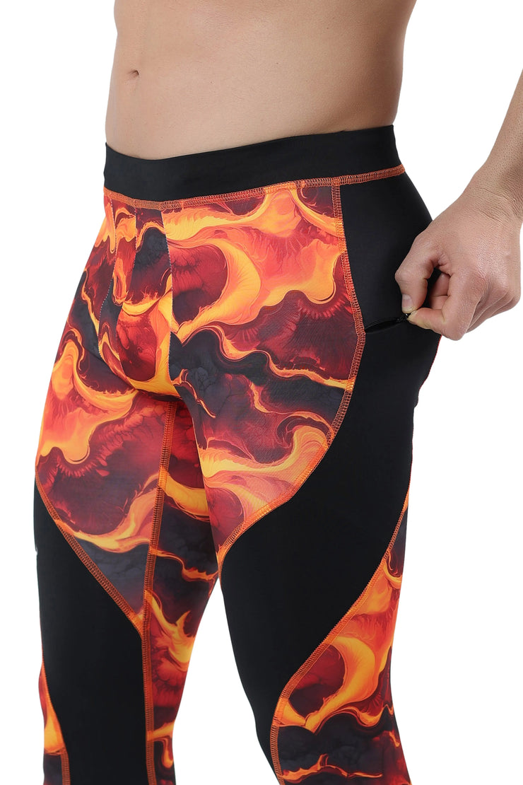 Lava Men's Leggings designed with a zippered pocket and vibrant molten pattern in fiery red, orange, and yellow hues.