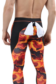 Lava Men's Leggings with fiery lava print and rear loop for carrying a shirt or towel hands-free.