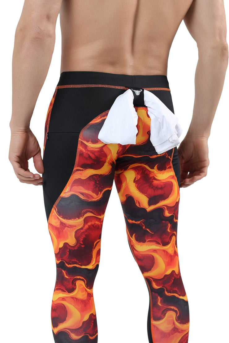 Lava Men's Leggings with fiery lava print and rear loop for carrying a shirt or towel hands-free.