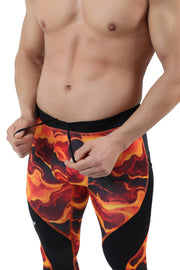 Workout leggings for men feature a bold flame-inspired design, adjustable waistband drawcord, and moisture-wicking compression fabric built for high-intensity training.