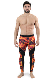 Men's red leggings with fiery lava print and black contrast panels.