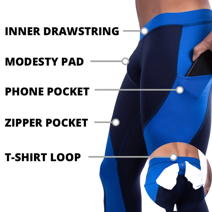 leggings for men with labeled features including inner drawstring, modesty pad, phone pocket, zipper pocket, and T-shirt loop