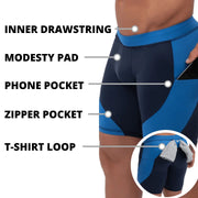 leggings for men with labeled features including inner drawstring, modesty pad, phone pocket, zipper pocket, and T-shirt loop