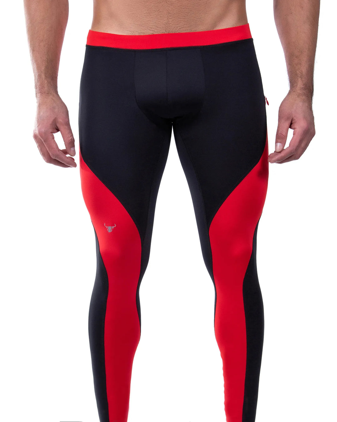 Black and red leggings for men with bold color blocking and high-performance fit.