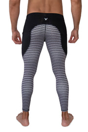 backside of men's black and white zigzag workout tights