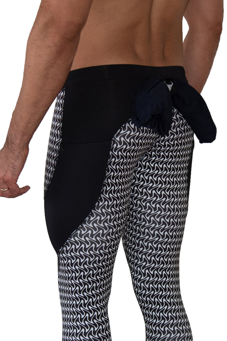 back of black and white zigzag tights for men with t-shirt loop