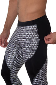 black and white zigzag printed leggings for men with secure zip pocket
