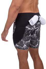 backside of men's black compression shorts with printed thunder design