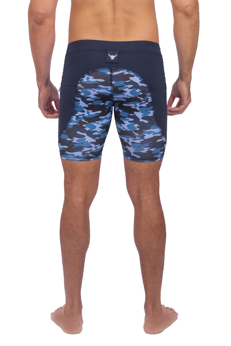 backside of blue camo shorts design for men