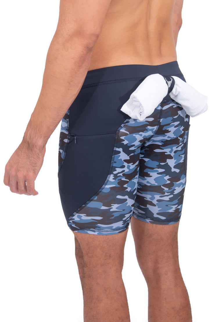 backside of blue camo printed design shorts for men with towel loop