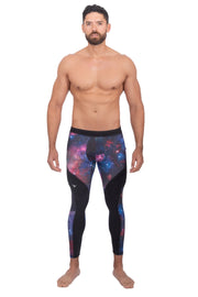male model wearing designer galaxy leggings for men
