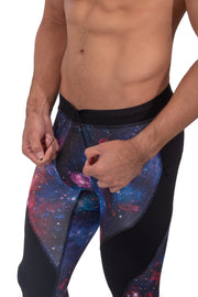 front side of galaxy men's leggings with adjustable drawstring