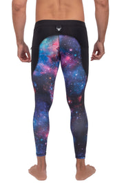 backside of colorful men's galaxy leggings with towel loop