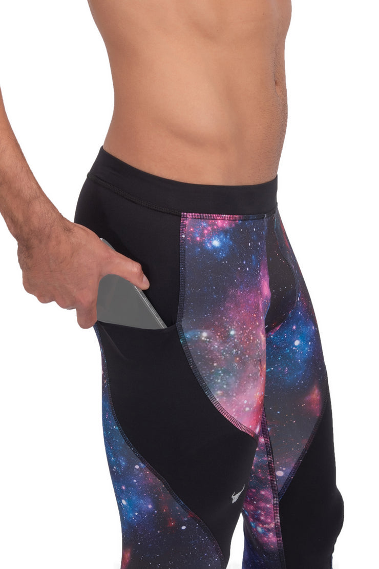 side view of space galaxy leggings for men with phone pocket