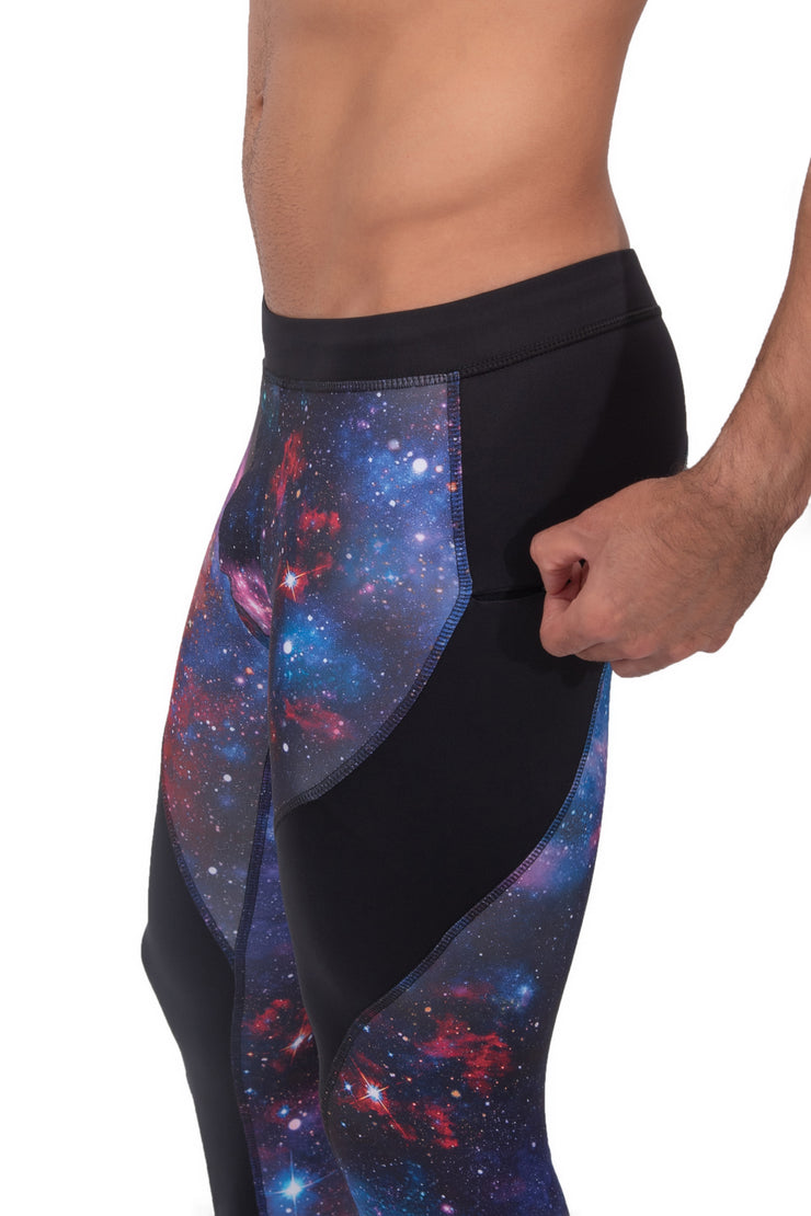 side of galaxy leggings for men with secure zip pocket