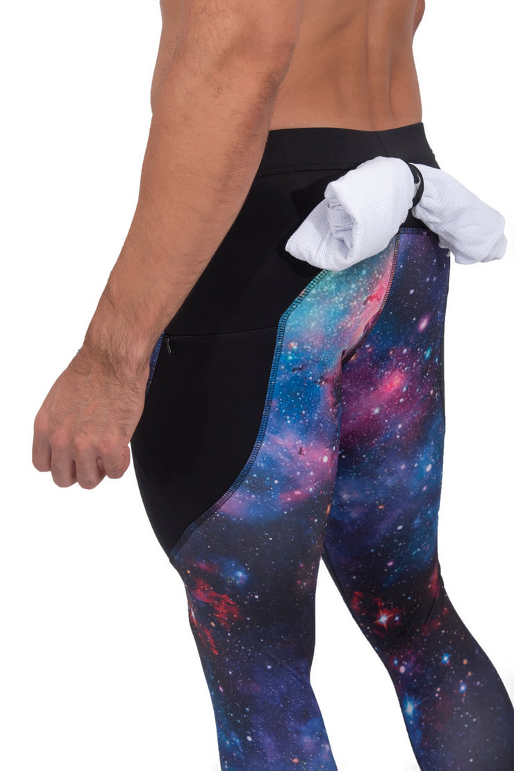side view of casual men's leggings with printed galaxy design