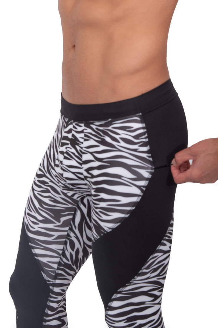 side view of men's compression leggings with zebra animal print design with secure zip pocket