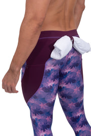back side of colourful men's leggings with printed purple stars design
